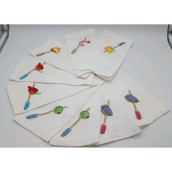 Crate & Barrel Tidbits Lot of 9 Embroidered Cocktail napkins Olive Shrimp Cheese - Picture 1 of 10